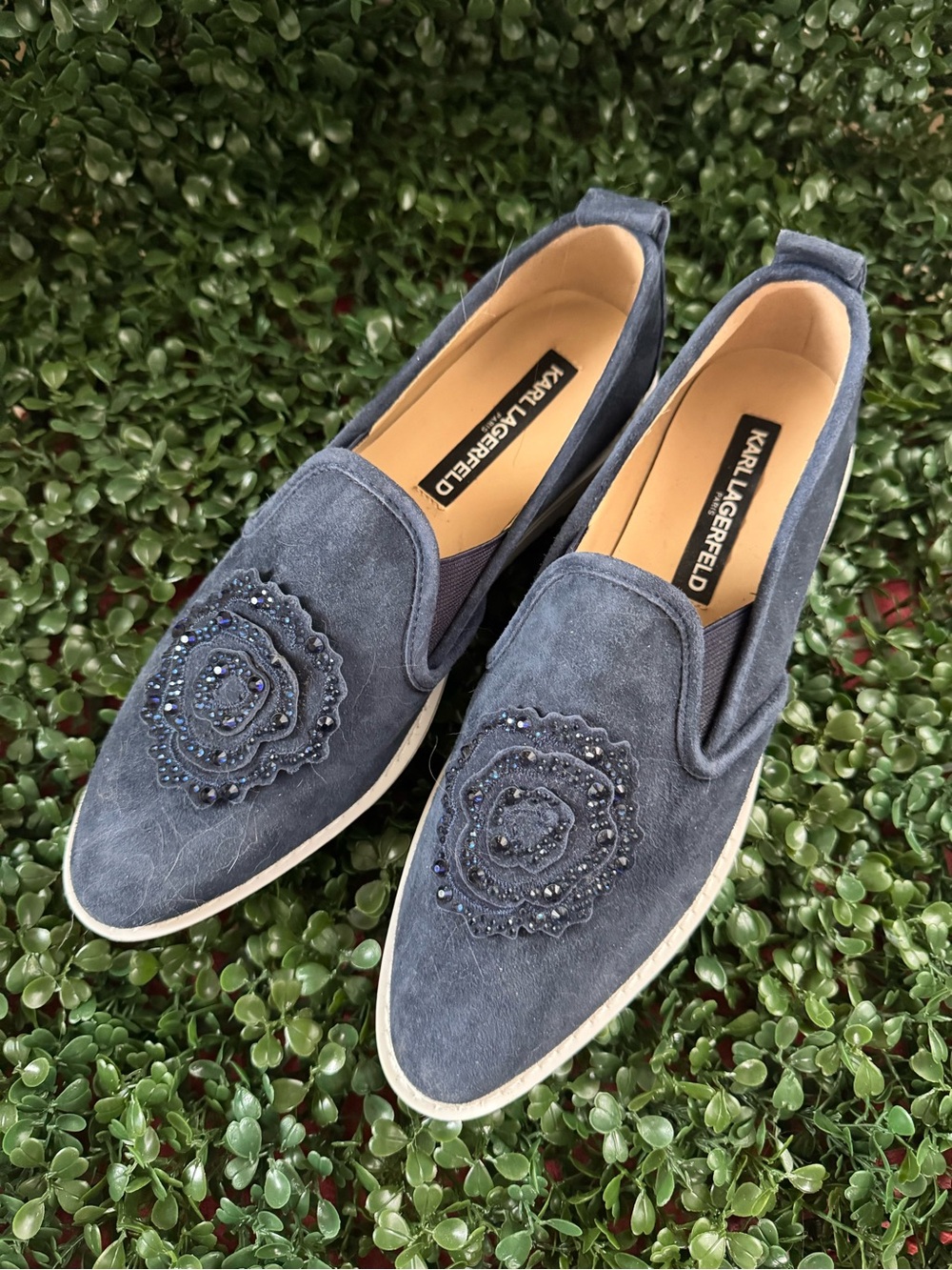 Karl Lagerfeld Navy Blue Suede Espadrille Slip-Ons with Beaded Floral Detail